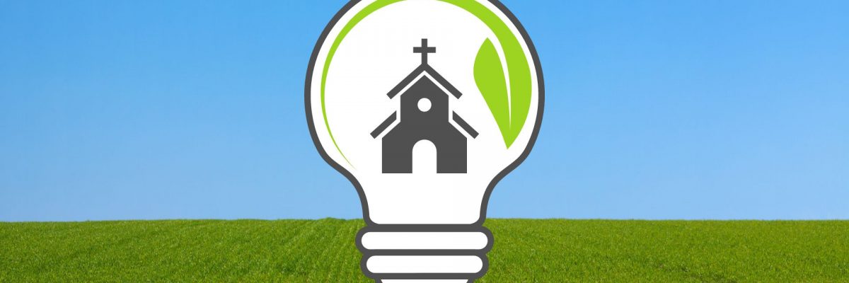 Image of a church in a lightbulb with a green leaf