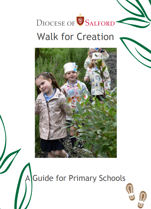 An image showing three primary school children walk through the Walled Garden. Text include diocesam logo and words 