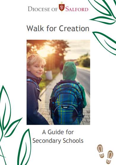 Two children walk along a road. Text includes diocesan logo and words 